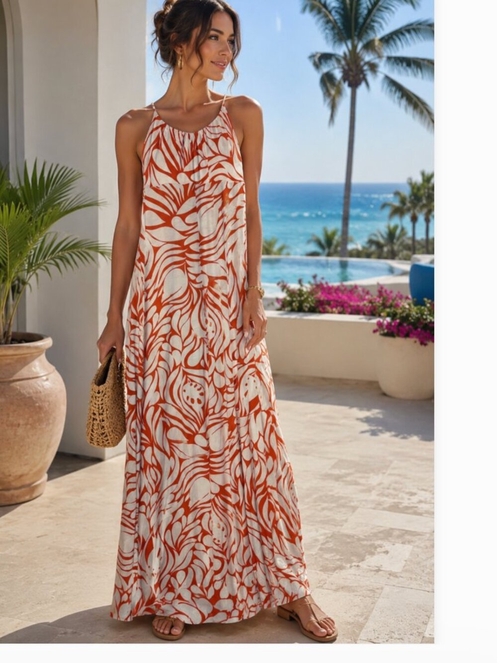 MILLY Tropical Orange and White Abstract Palm Pattern Maxi Halter Dress size S